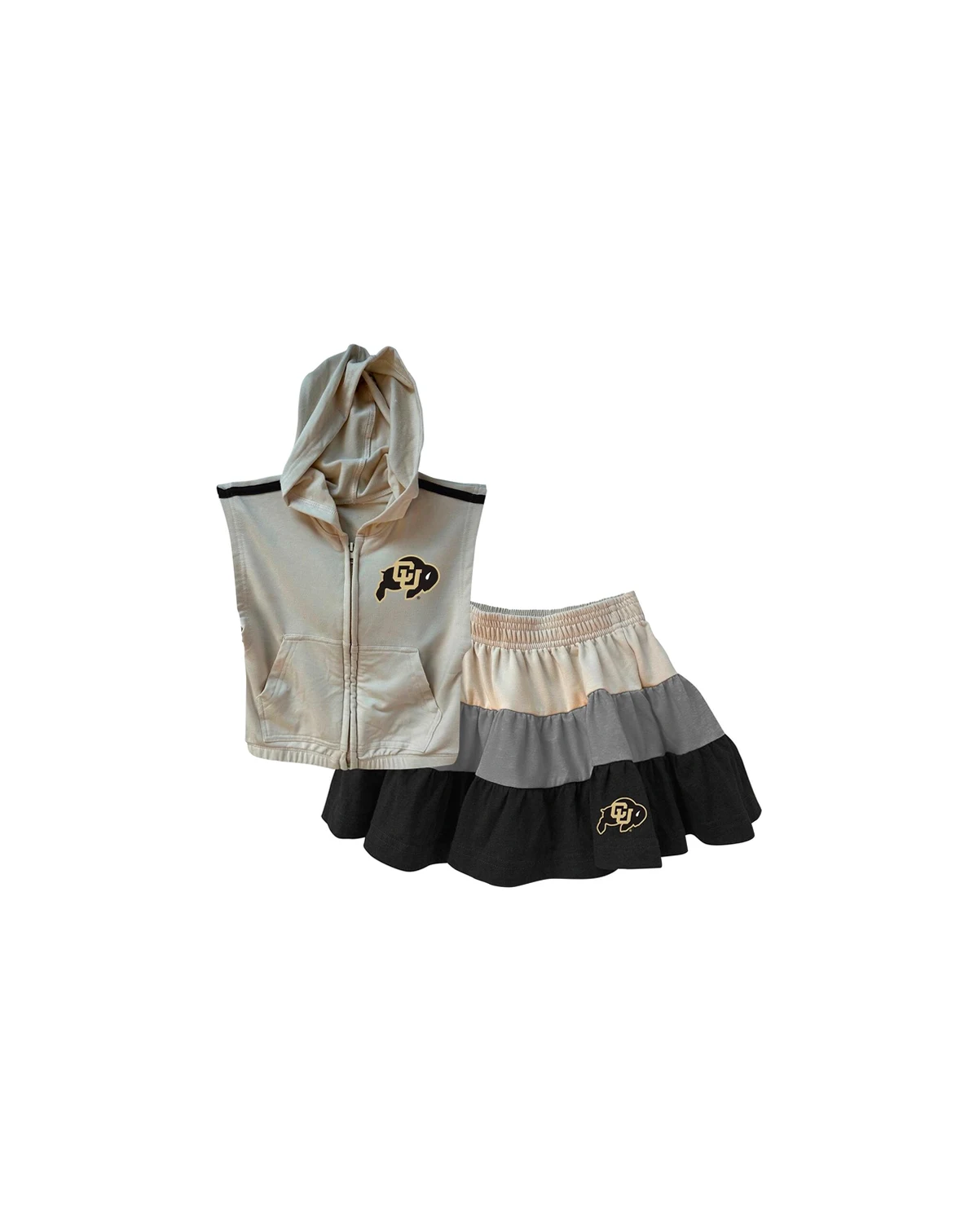 Girls Toddler Tan Colorado Buffaloes Tri-Blend Sleeveless Full Zip Hoodie and Tiered Skirt Set