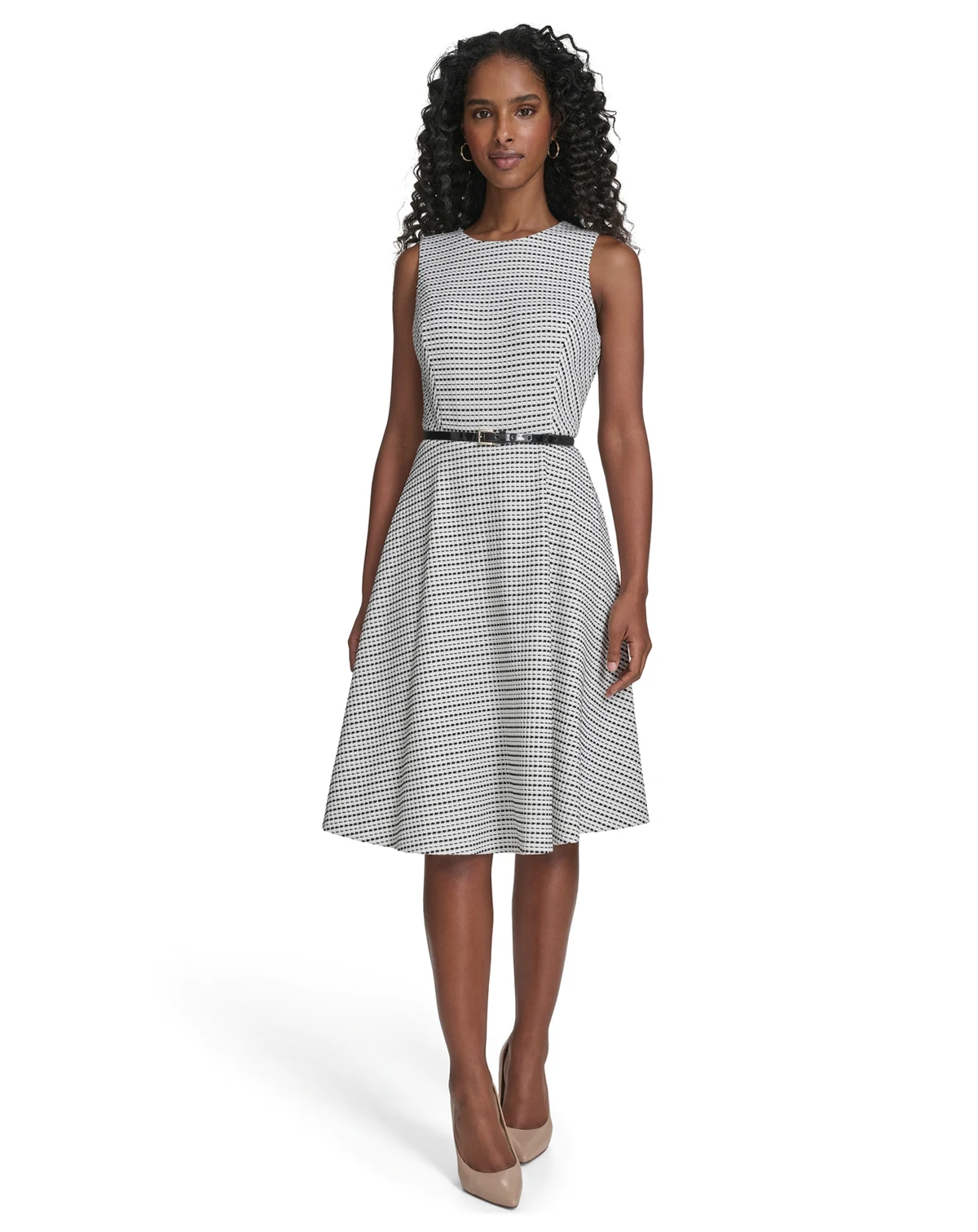 Women's Sleeveless Pick Stitch Knit Belted Midi Dress