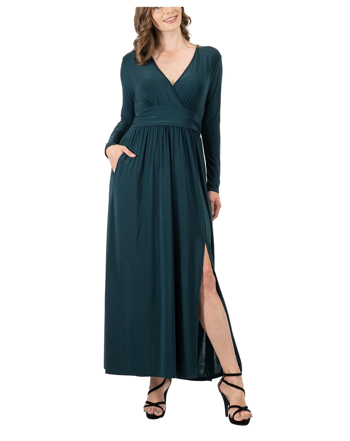 Women's Long Sleeve V-neck Side Slit Maxi Dress