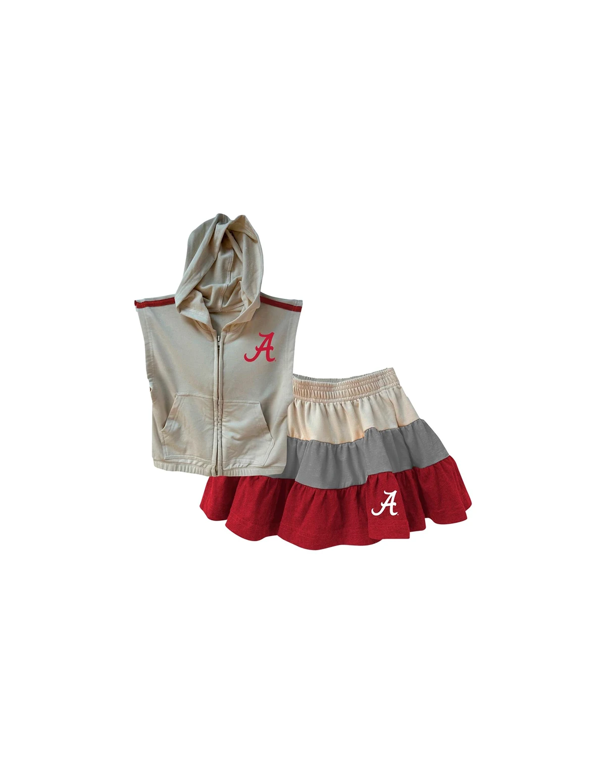 Girls Toddler 2-Piece Tan Alabama Crimson Tide Tri-Blend Sleeveless Full-Zip Hoodie and Tiered Skirt Set