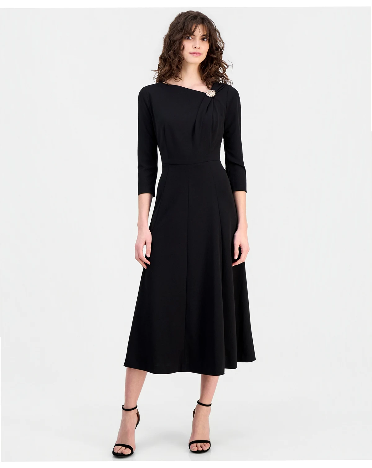 Women's Asymmetric-Neck 3/4-Sleeve Midi Dress