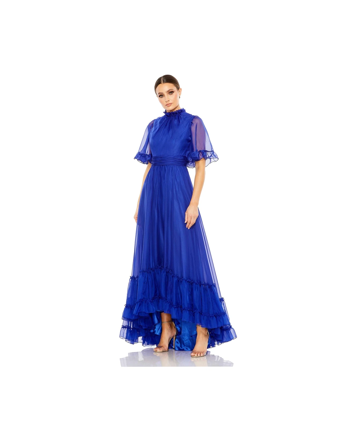 Women's Ruffled High Neck Flutter Sleeve High Low Hem Gown