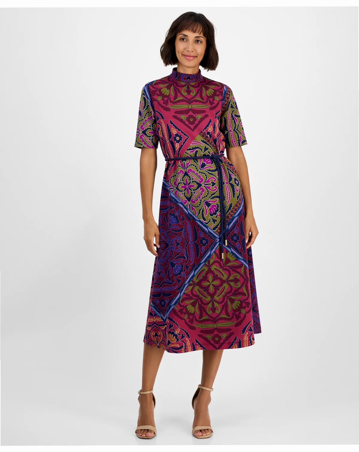 Women's Mock Neck Short-Sleeve Midi Dress