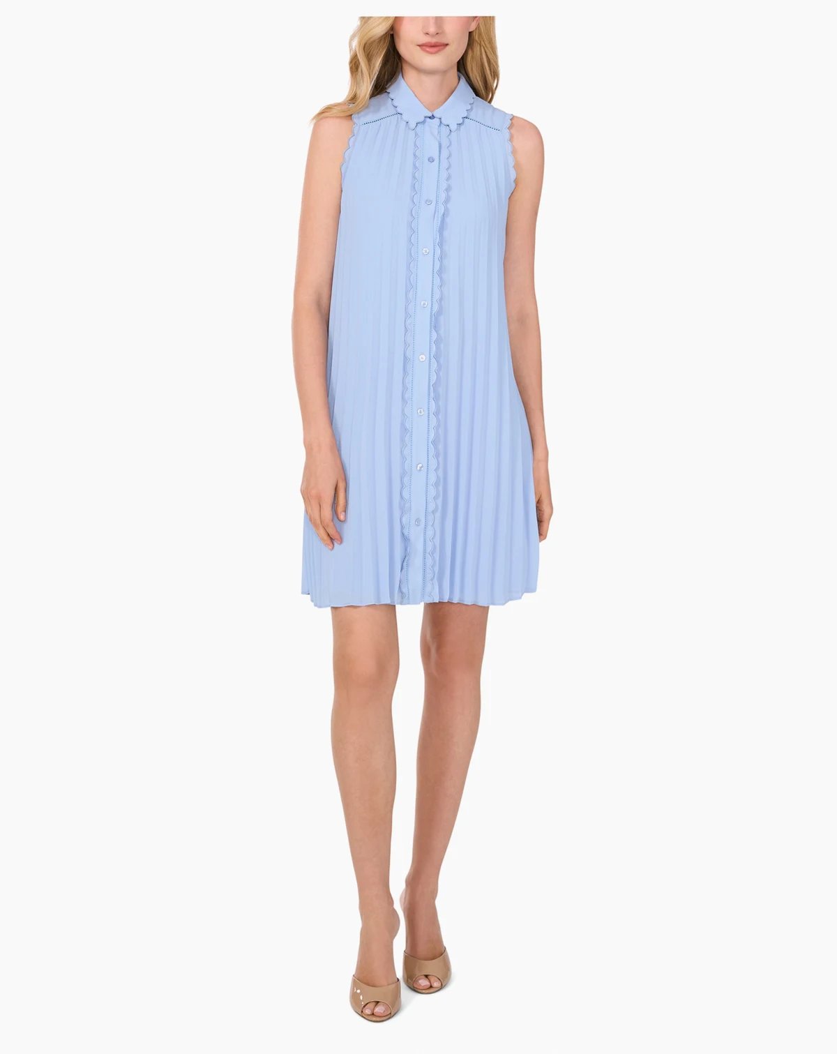 Women's Sleeveless Scalloped Pleated Button-Down Dress