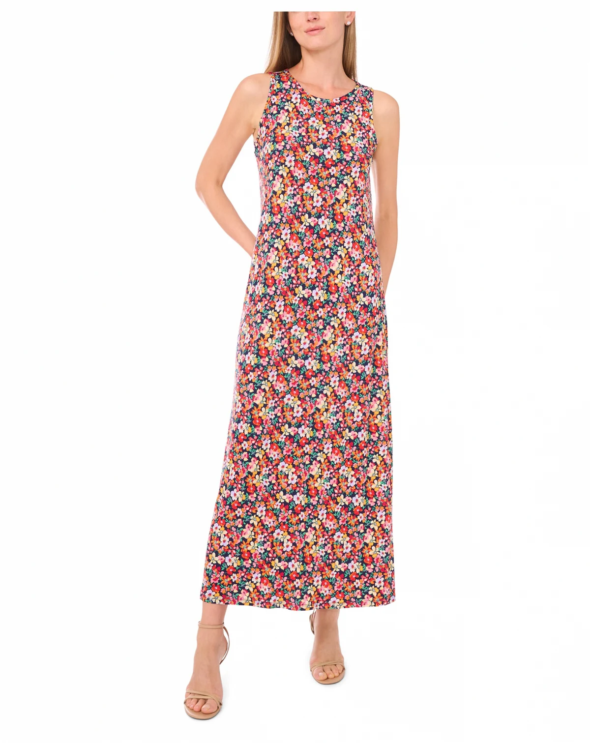 Women's Floral Sleeveless Keyhole-Back Crewneck Maxi Dress