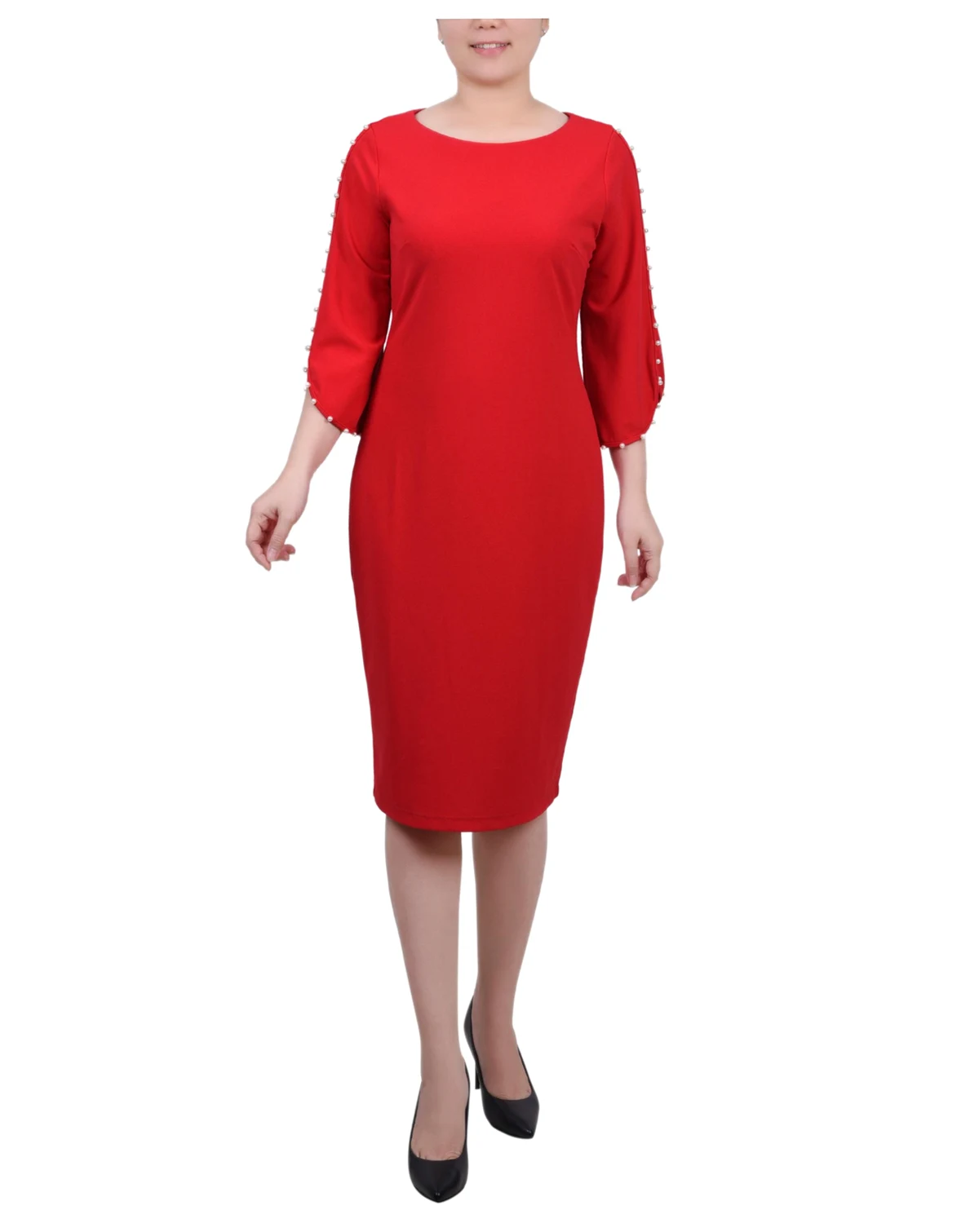Women's 3/4 Imitation Pearl Detail Petal Sleeve Dress