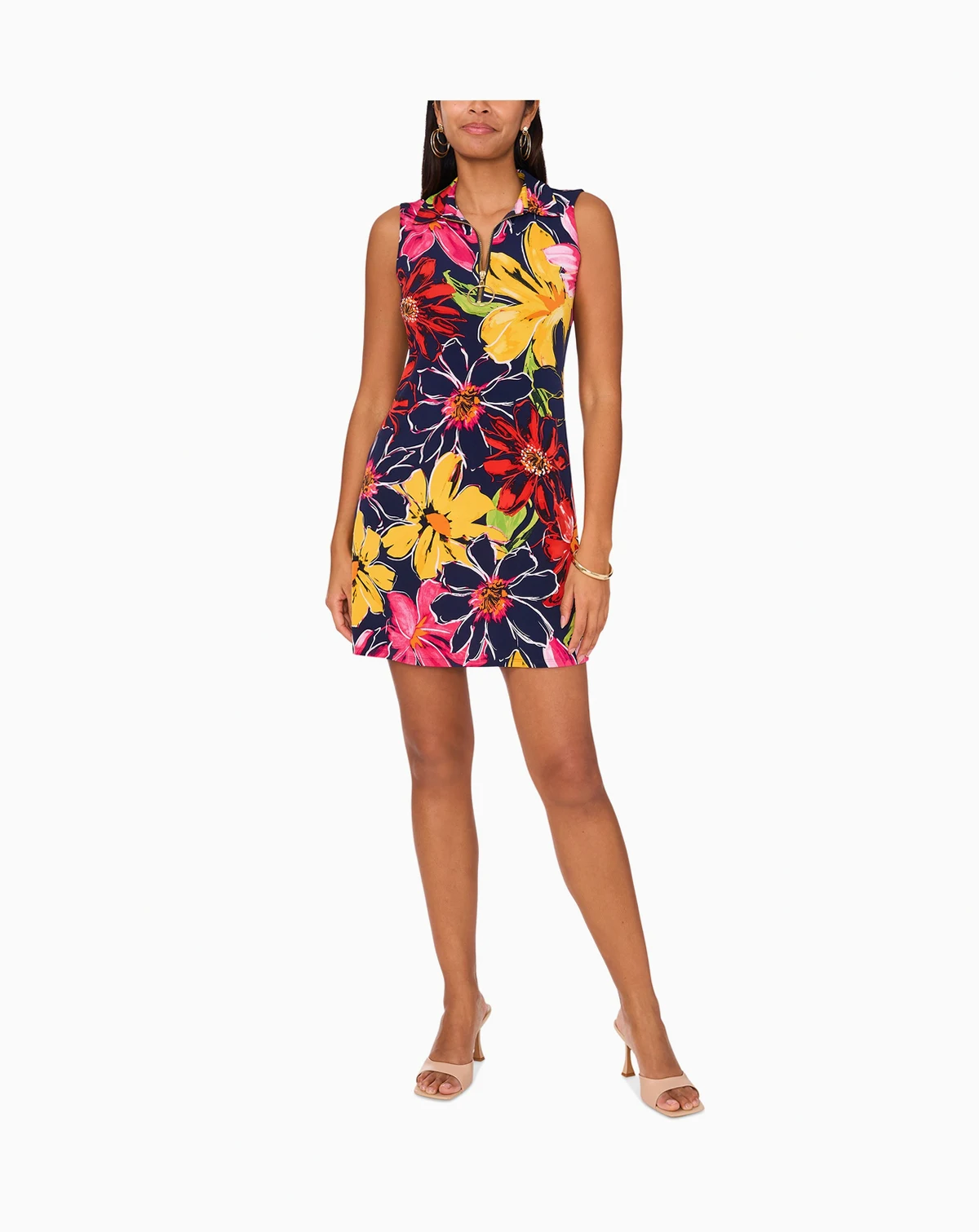 Women's Floral Jersey Front-Zip Sleeveless Dress