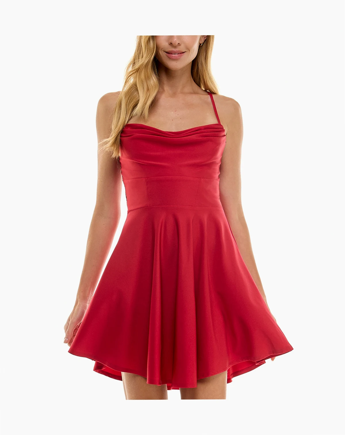 Juniors' Draped Sleeveless Satin Fit & Flare Dress