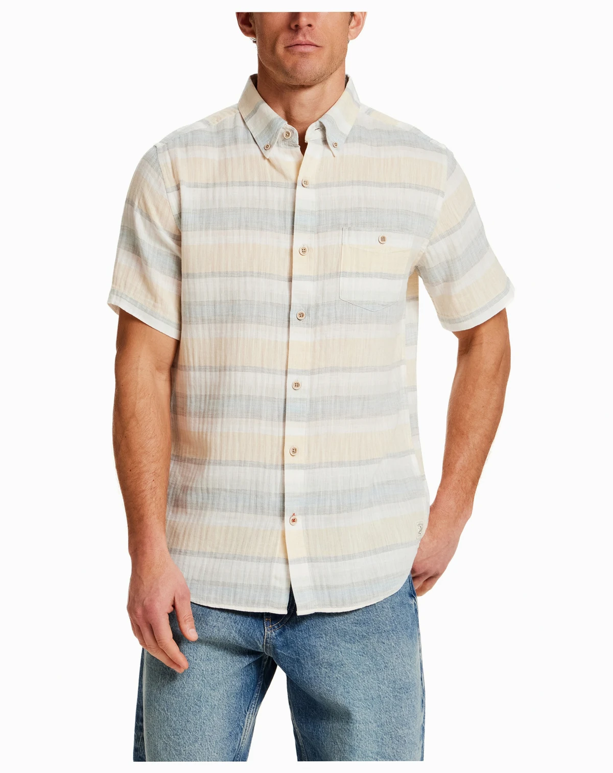 Men's Short-Sleeve Button Down Herringbone Horizontal Stripe Cotton Shirt