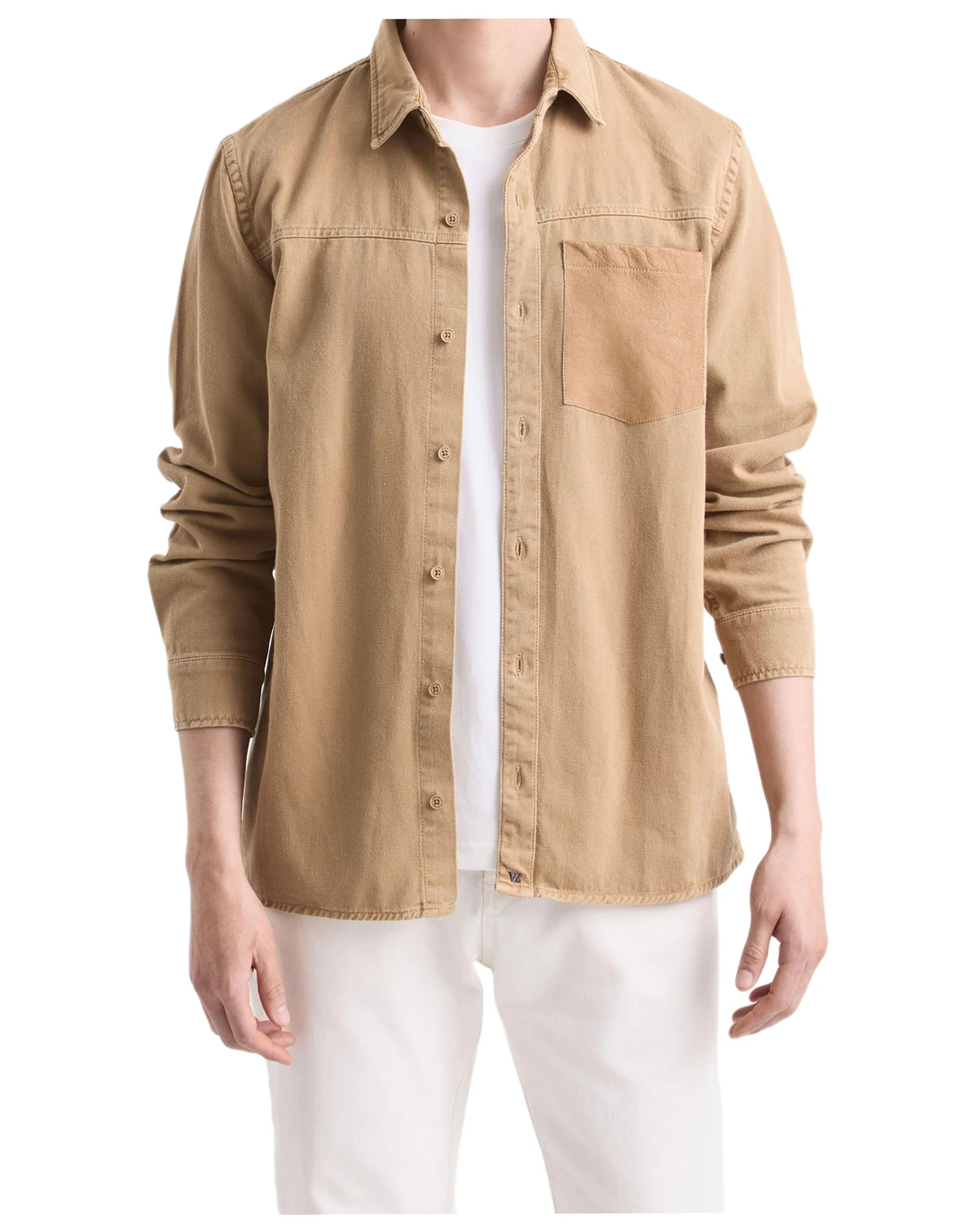Men's Long-Sleeve Cotton Overshirt With Leather Pocket