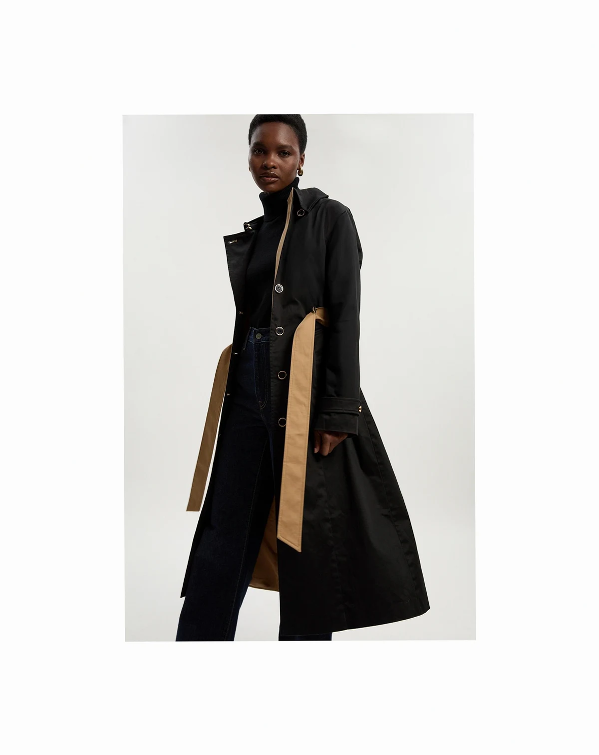 Women's Color Block Belted Tailored Trench Coat