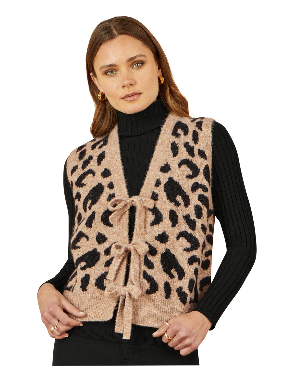 Women's Knitted Cheetah Print Tie Waistcoat