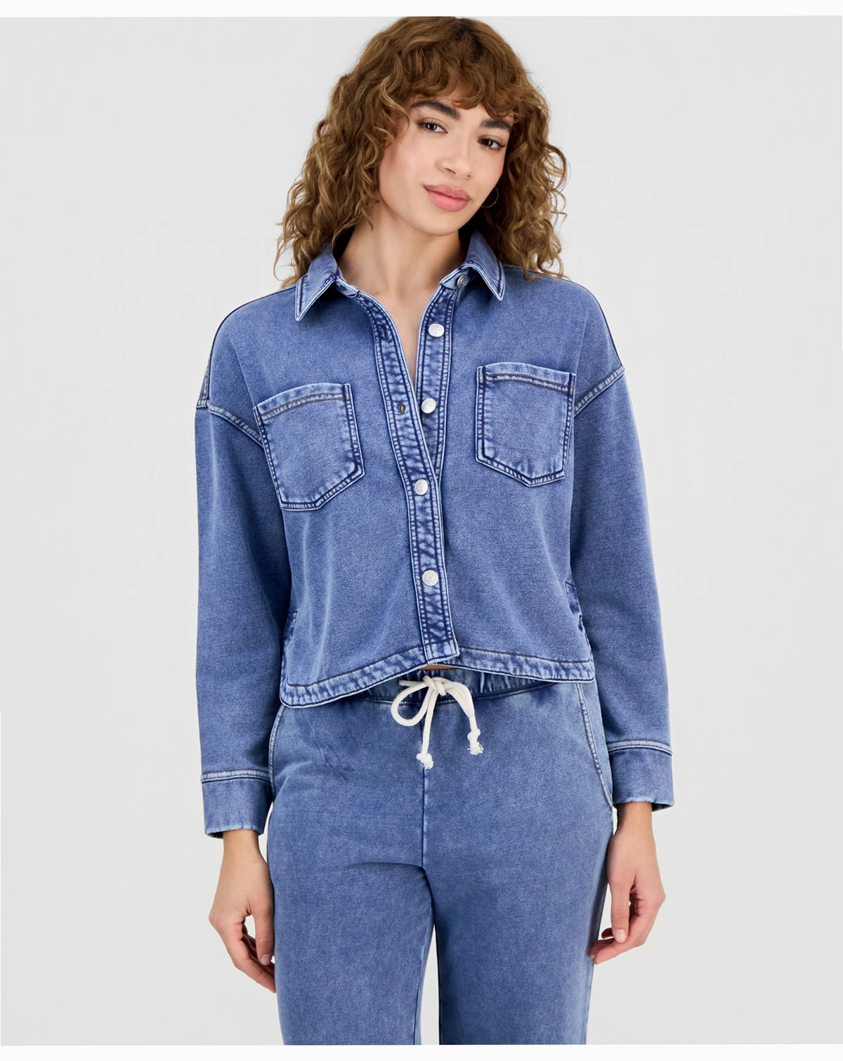Petite Faux-Denim Knit Button-Front Shacket, Macy's Exclusive