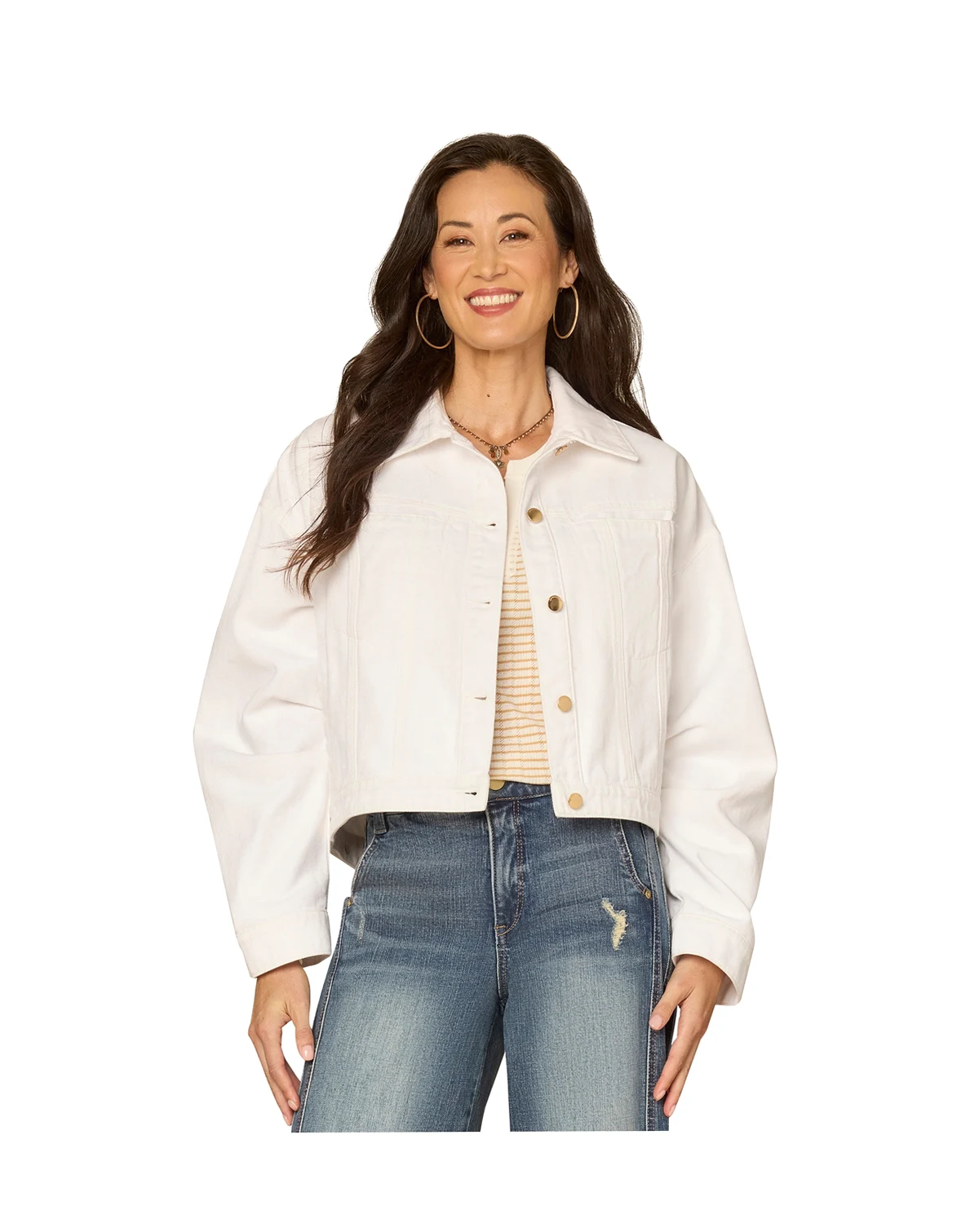 Petite Oversized Barrel Sleeve Collared Optic White Denim Jacket