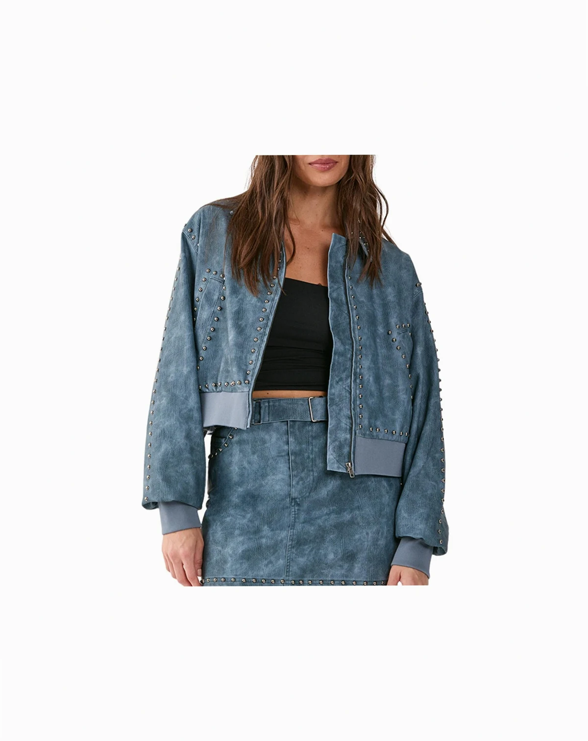 Women's Leather Studded Bomber Jacket