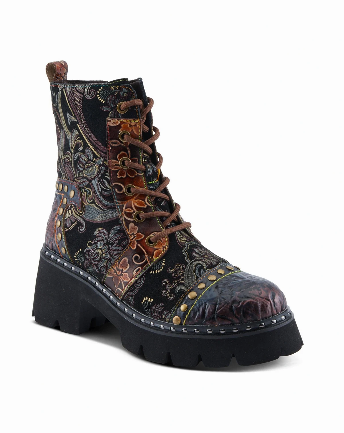 L Artiste Women s SEVERITY Hand-Painted Lace-Up Combat Boot with Studs, Suede Shaft, and Lug Sole