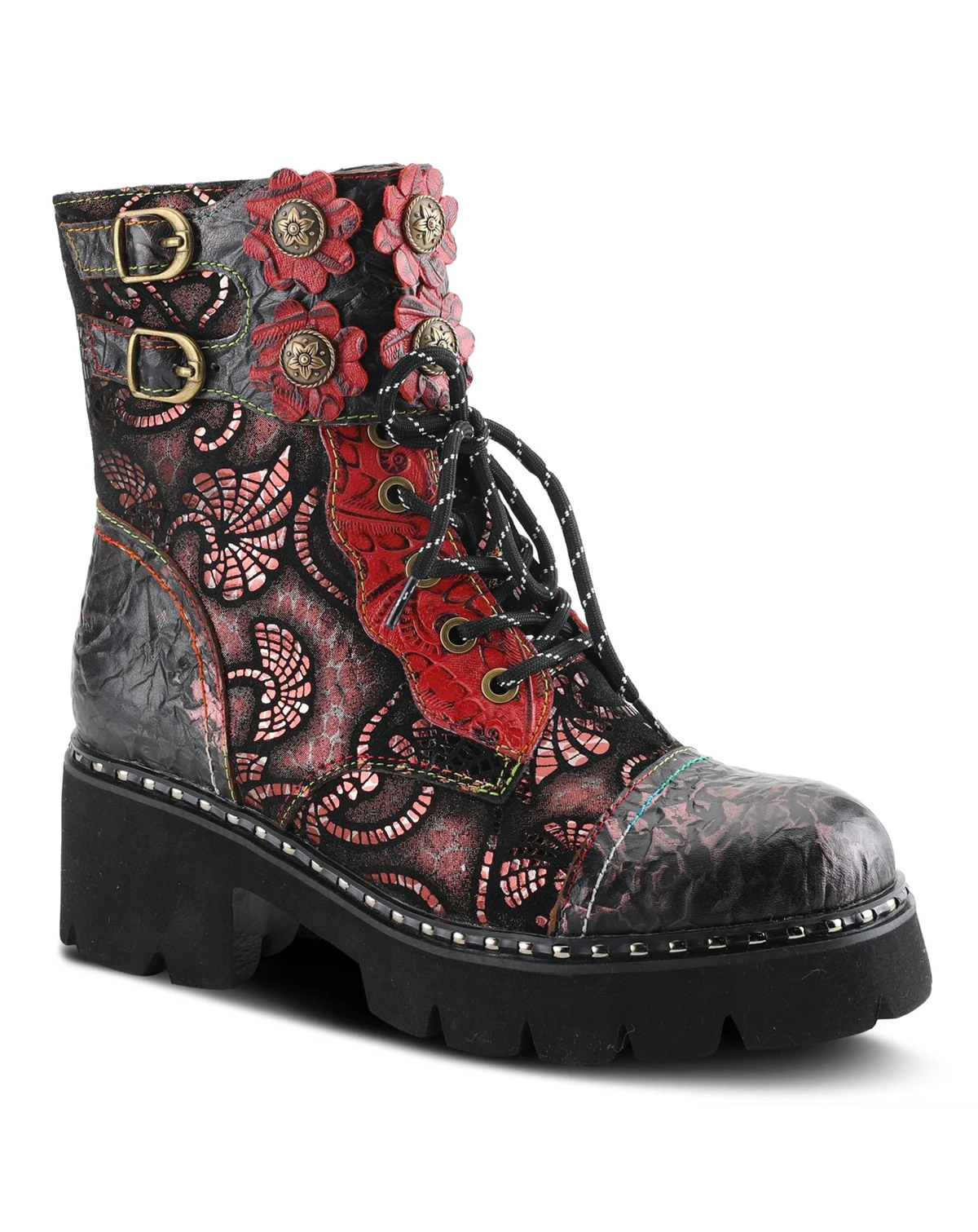 L Artiste Women s LIMITLESS Leather Combat Boot with Floral Cutouts, Stud Accents & Rainbow Stitching Booties