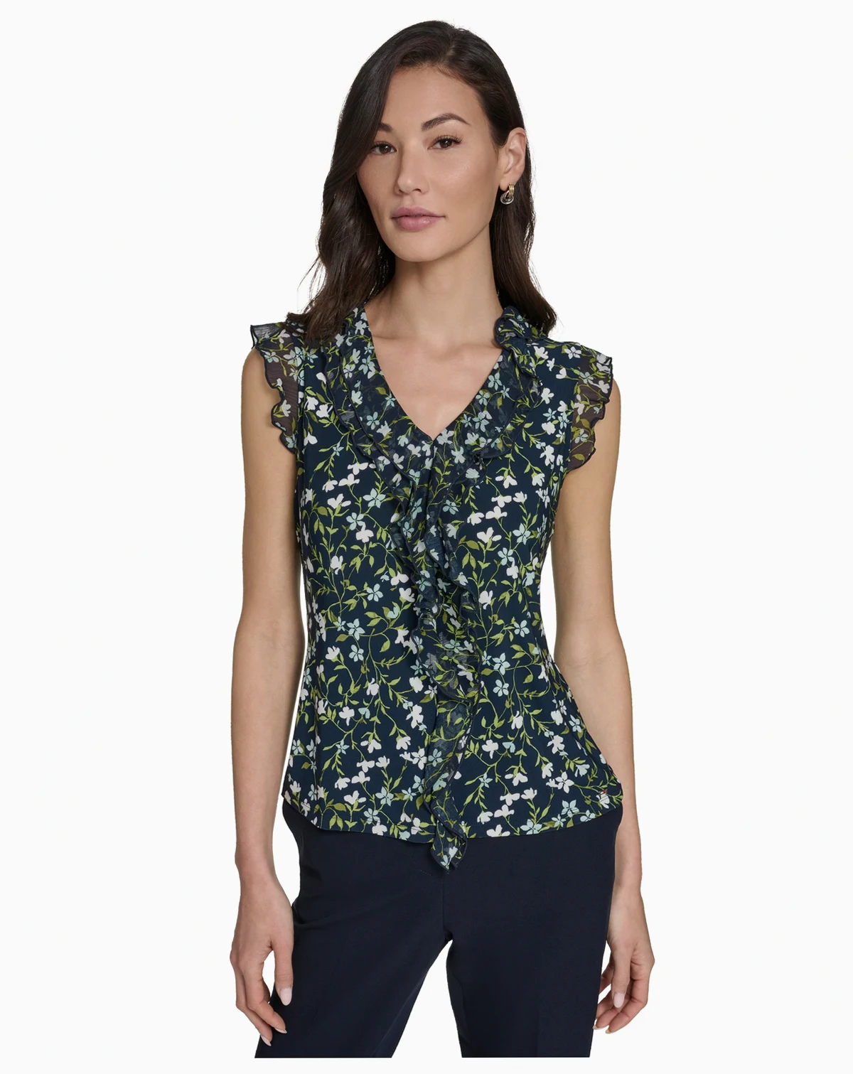 Women's Floral Vine Mixed Media Ruffle Top