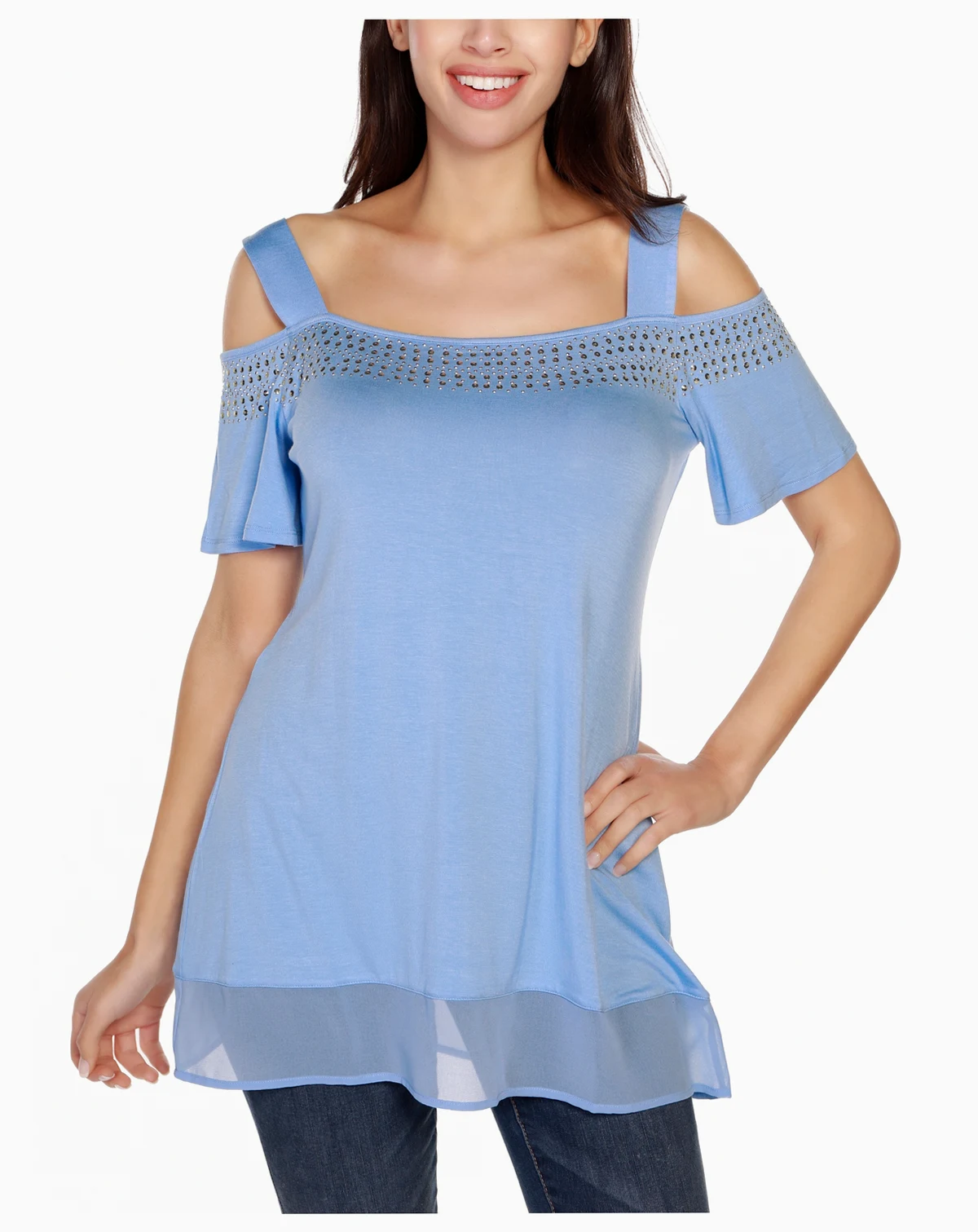 Women's Embellished Cold-Shoulder Top