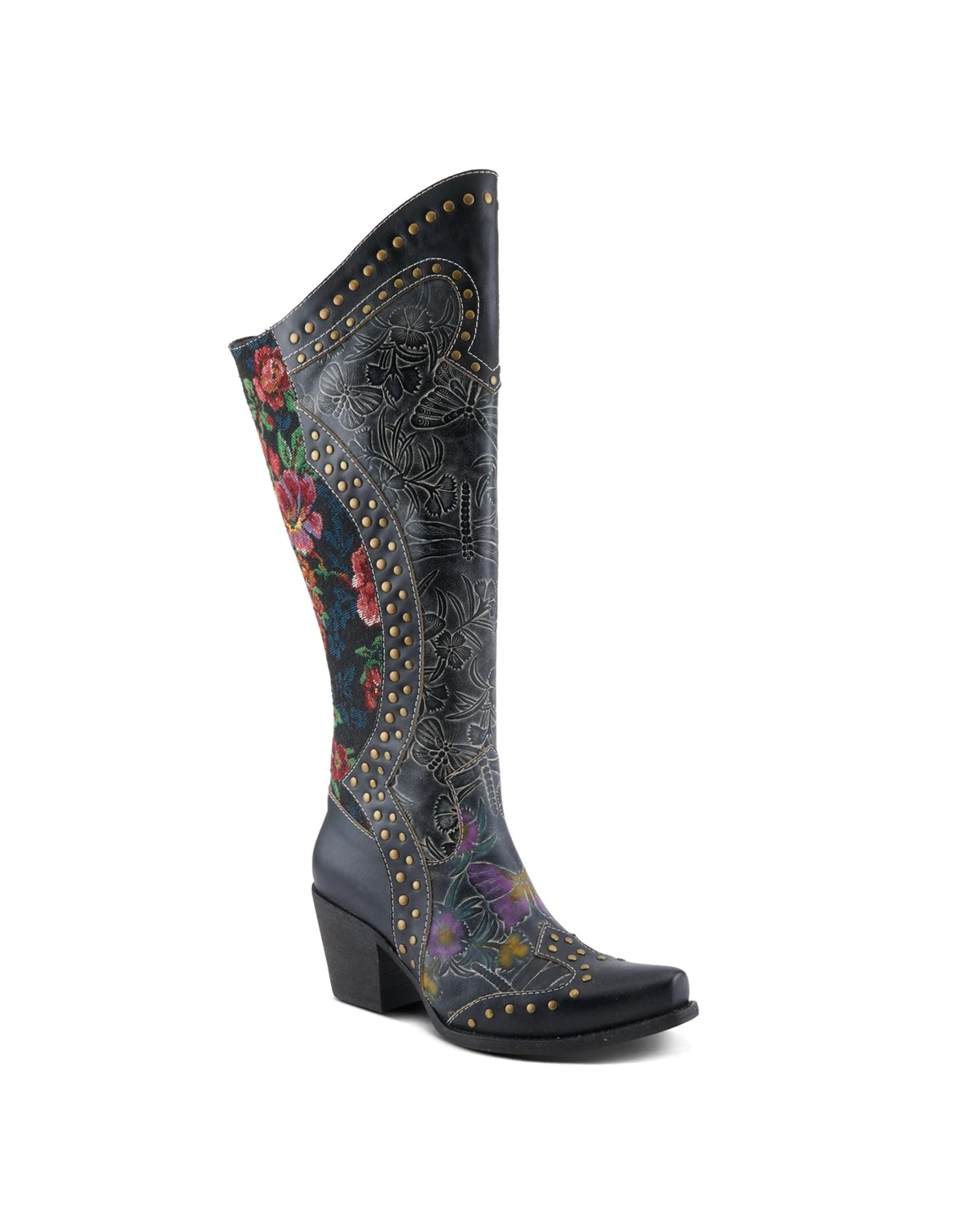 Women's Mallorie Hand-Painted Cowboy Boots with Floral and Butterfly Shaft, Snip Toe,  and Velvet Lining – Western-Inspired Tall Boots