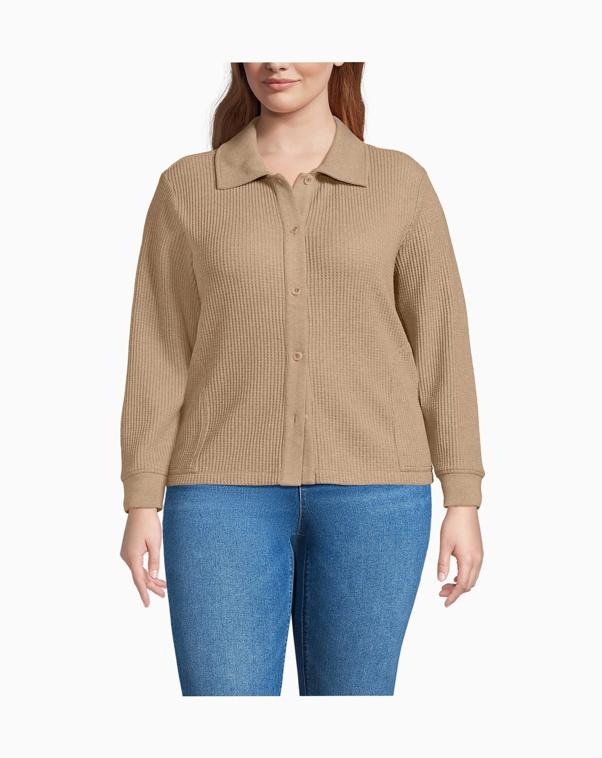 Women's Plus Size Long Sleeve Waffle Collared Shacket