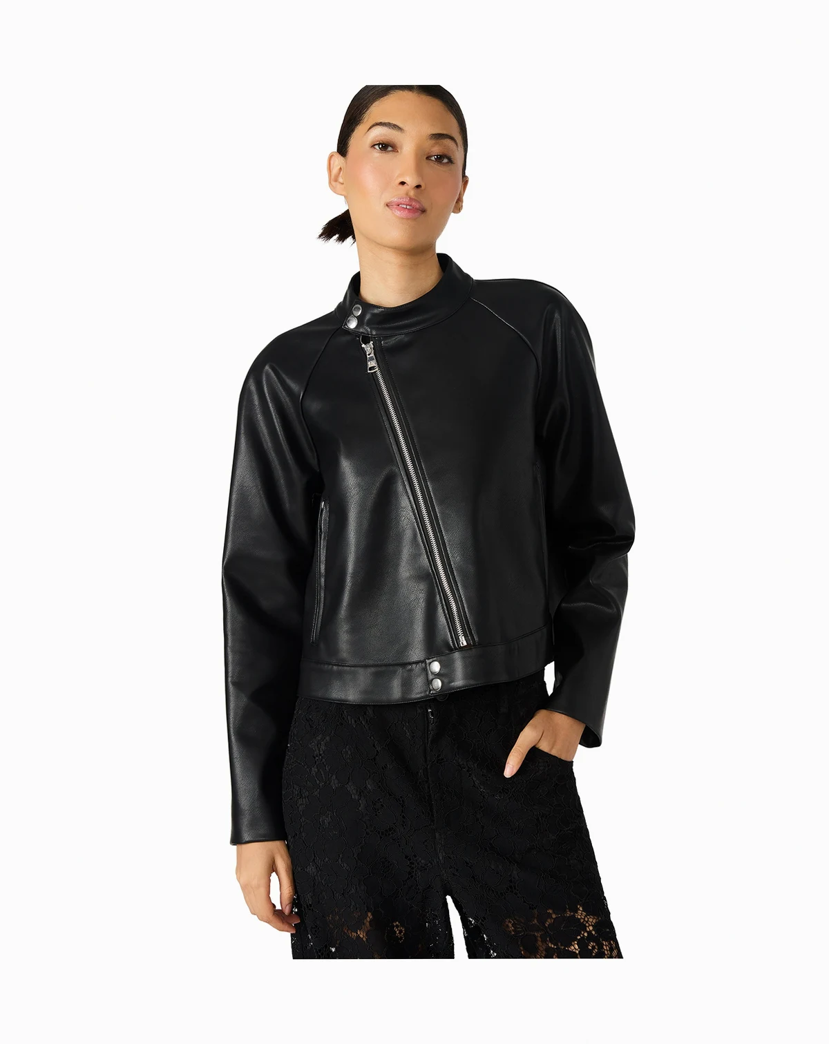 Women's Faux Leather Jett Trapeze Moto Collarless Jacket