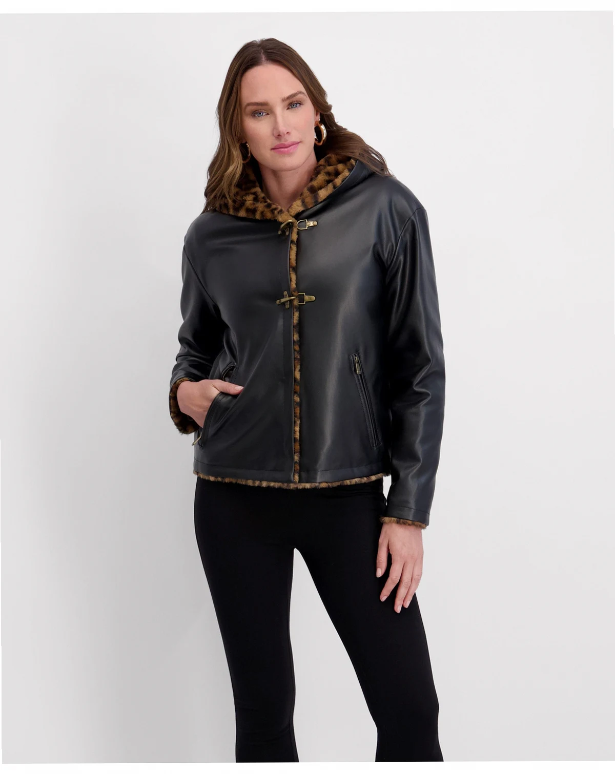 Women's Faux Fur Lined, Fireman Toggled PU Jacket