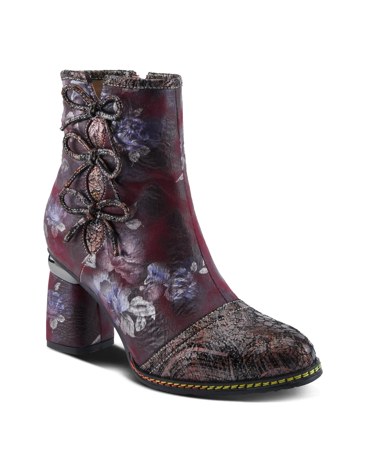 Women's Carre Floral Print Leather Booties with Metallic Cap Toe, Decorative Ribbons, Rainbow Stitching, and Printed Wrapped Heel