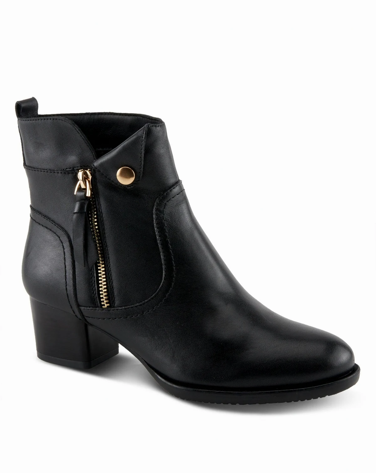 Nazca Leather Ankle Bootie with Gold Snap Button and Functional Zipper