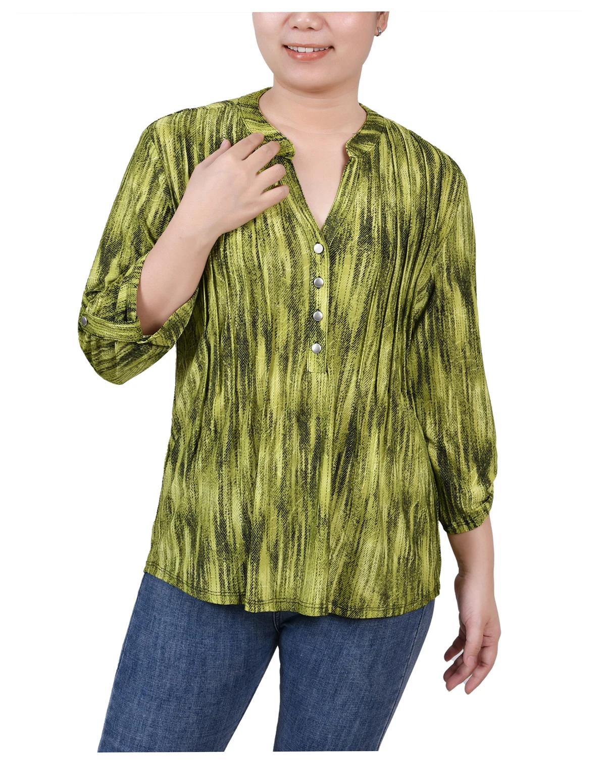 Women's 3/4 Roll Tab Sleeve Y-neck Top
