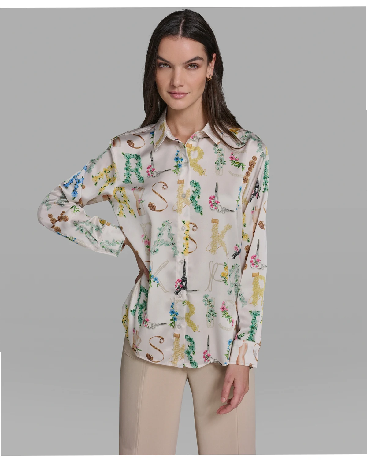 Women's Allover Print Button-Down Long-Sleeve Top