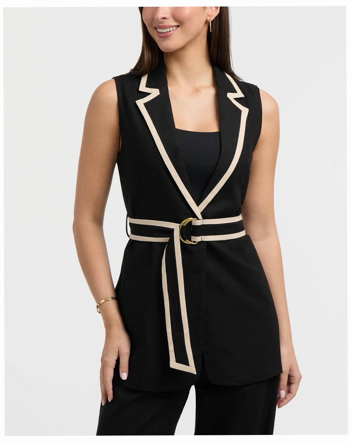 Women's Sleeveless Belted Vest with Contrast Detailing