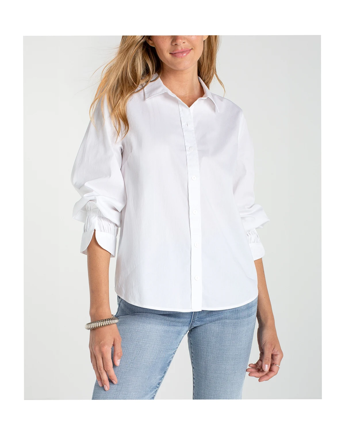 Women's Adjustable Long-Sleeve Button Front Woven Top