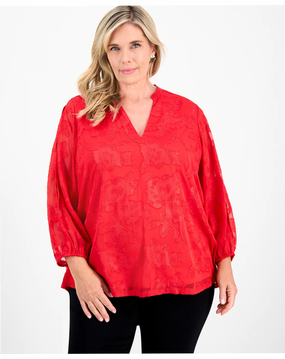 Plus Size Shine Jacquard Blouson-Sleeve Blouse, Macy's Exclusive
