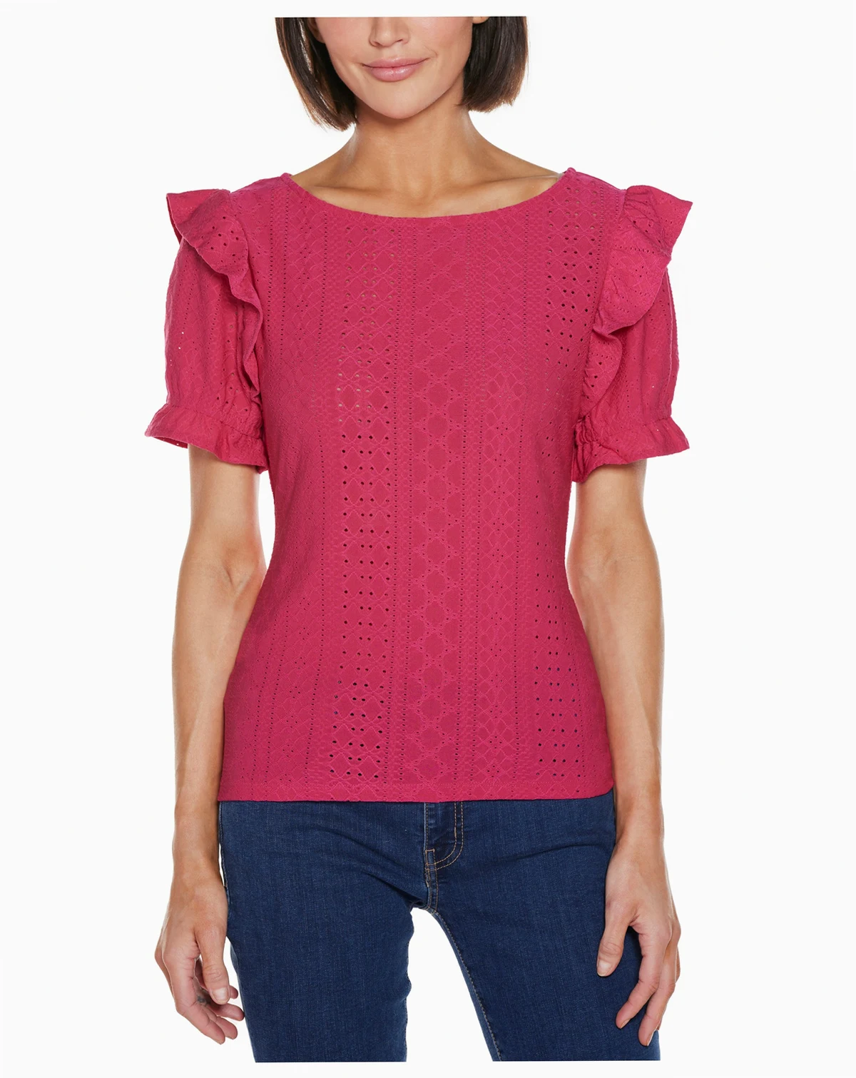 Women's Knit Eyelet Ruffle Sleeve Top