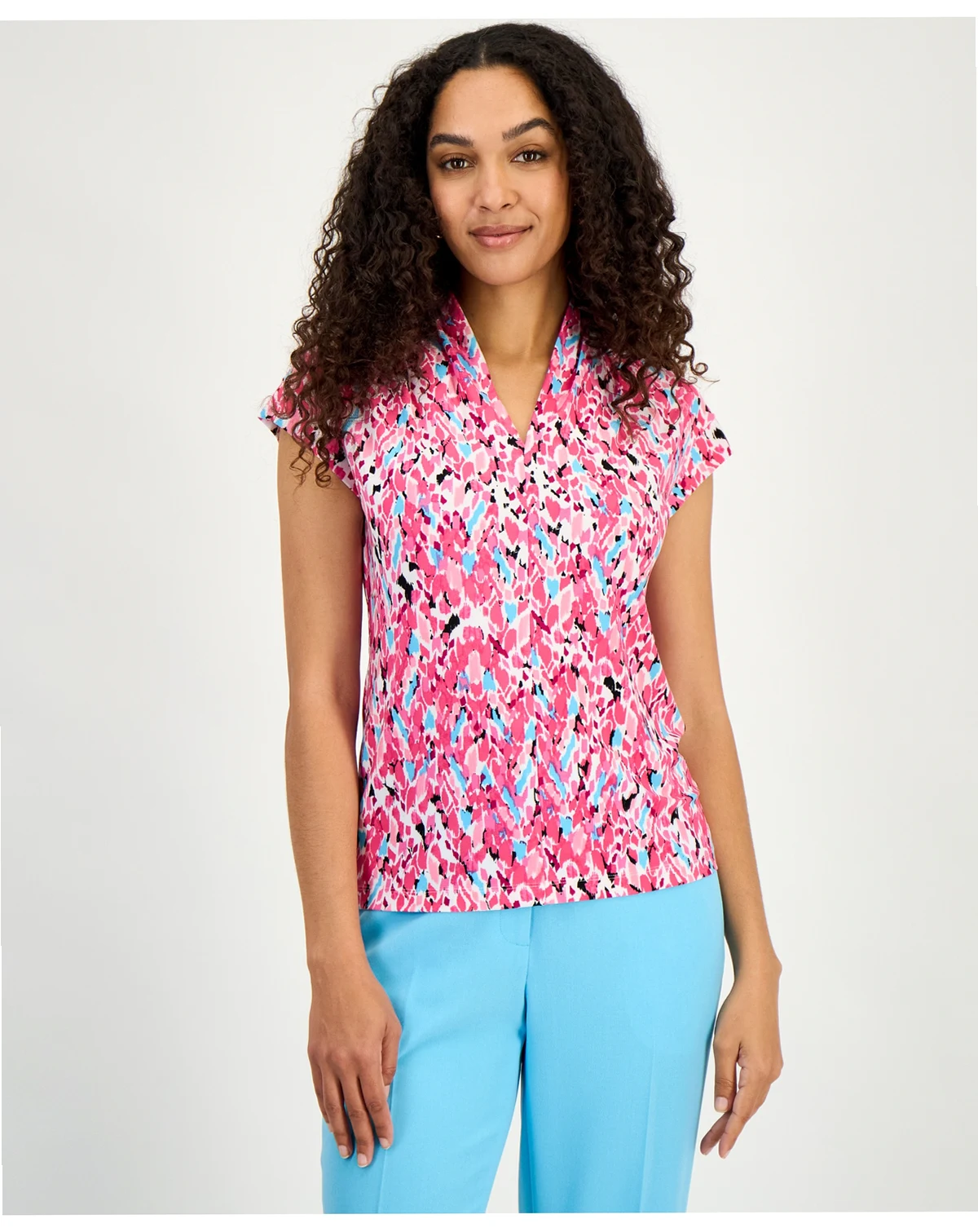 Women's Printed V-Neck Cap-Sleeve Blouse, Regular & Petite