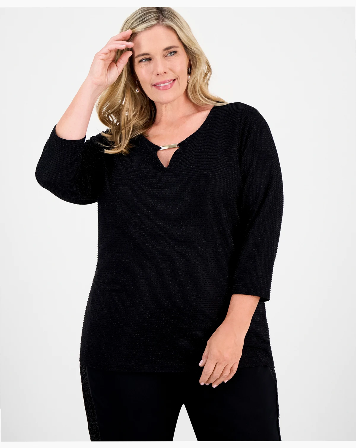 Plus Size Metallic Jacquard 3/4-Sleeve Top, Macy's Exclusive