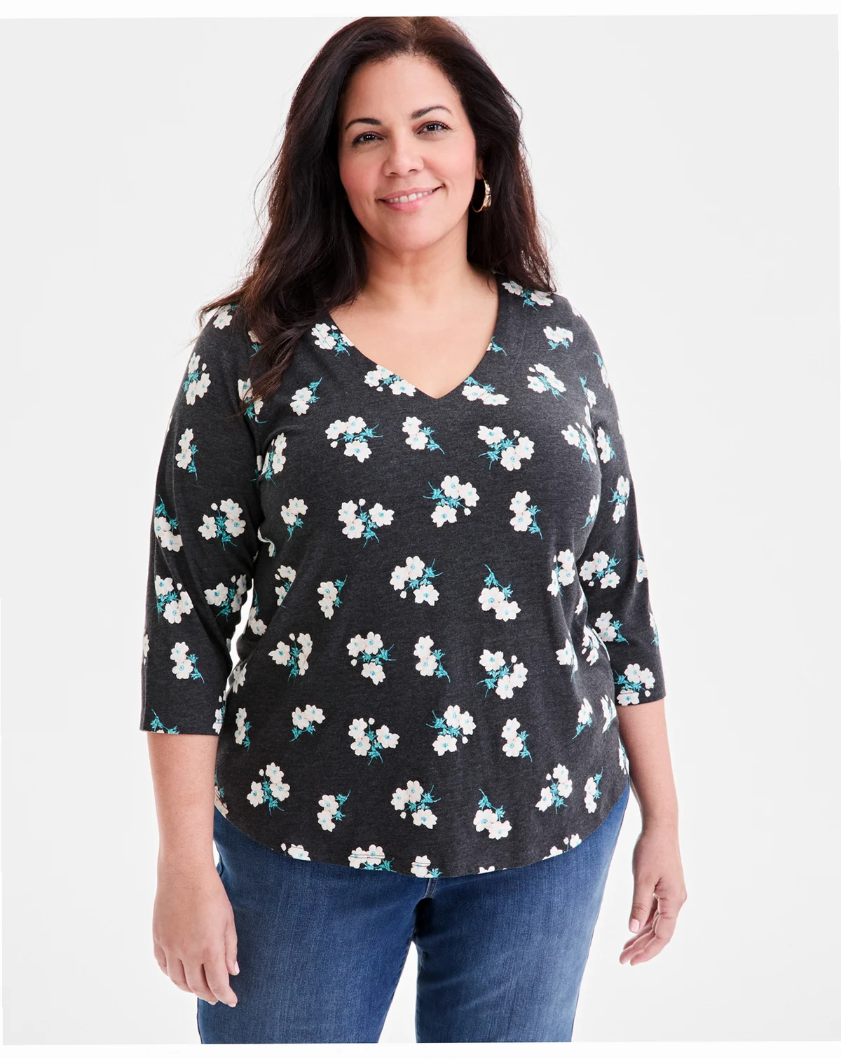 Plus Size Printed V-Neck 3/4-Sleeve Top, Macy's Exclusive