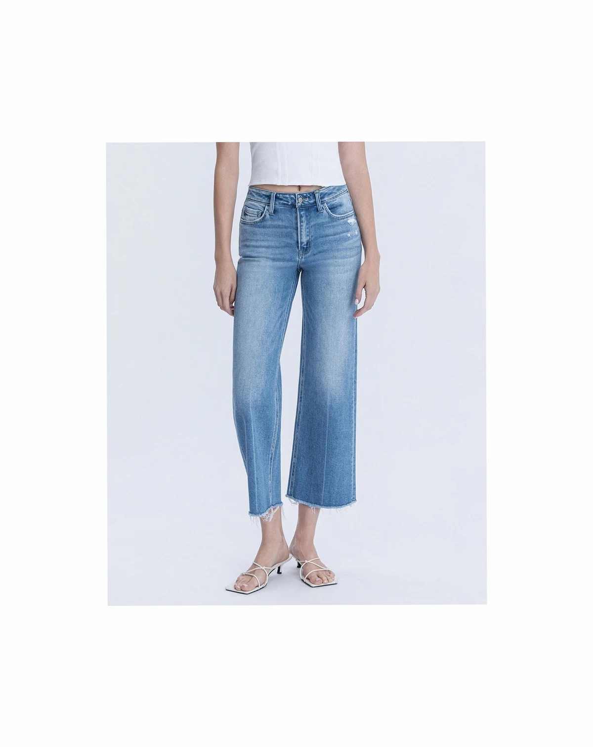 Women's High Rise Raw Hem Crop Slim Wide Leg Jeans