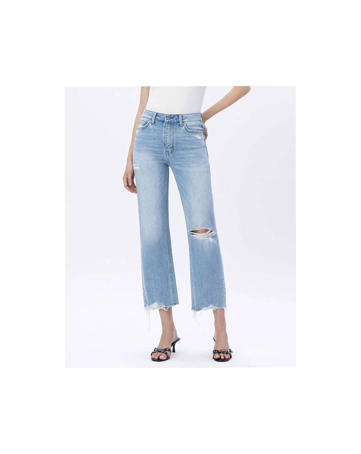Women's High Rise Distressed Crop Slim Wide Leg Jeans