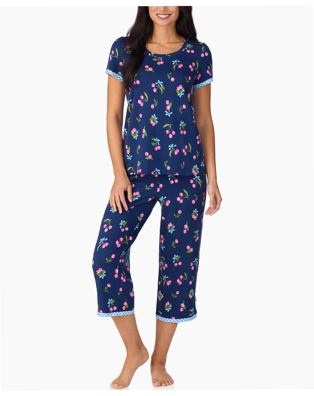 Women's Cropped Short-Sleeve Pajama Top and Pants, 2-Piece Set