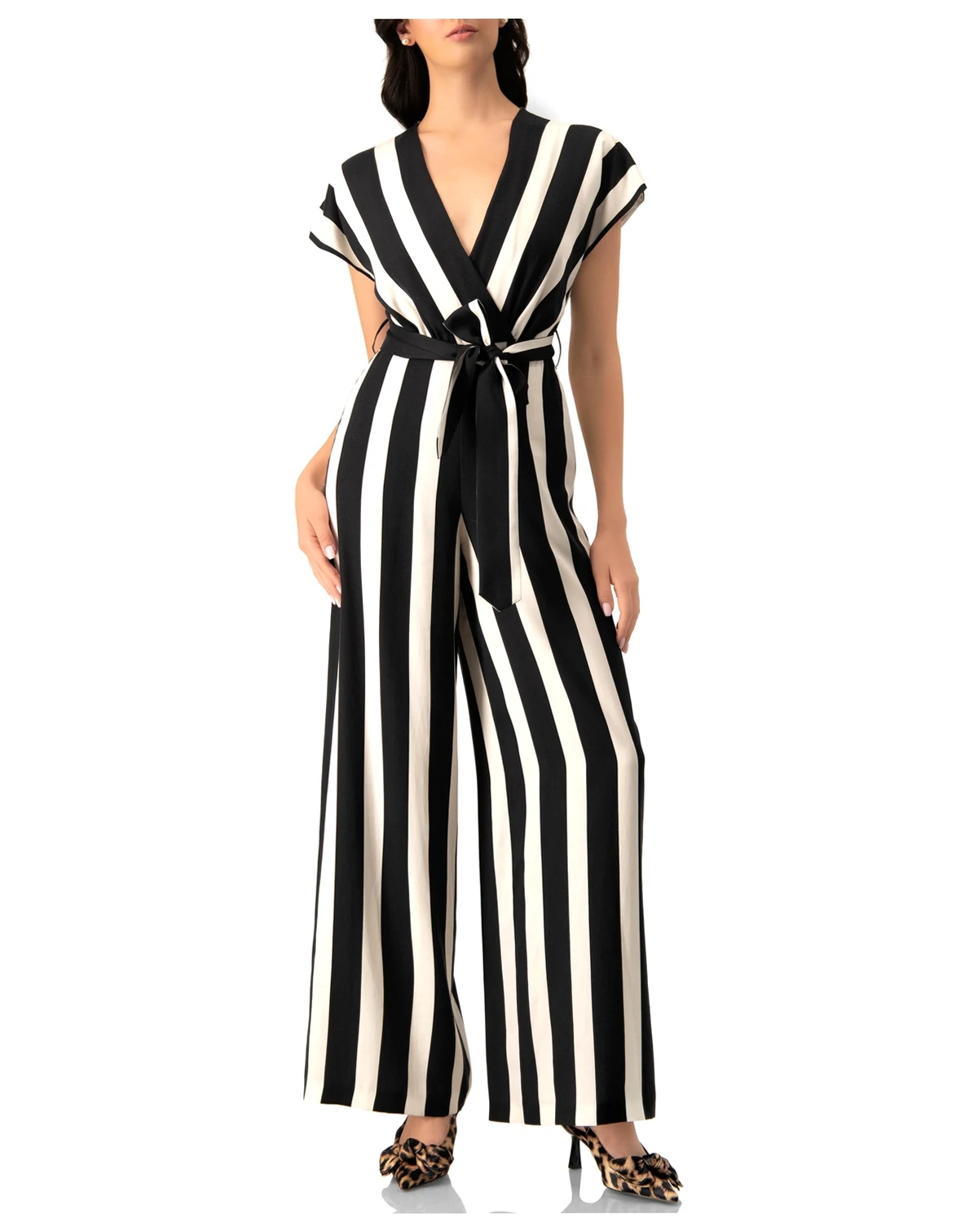 Women's Striped V-Neck Jumpsuit with Waist Tie