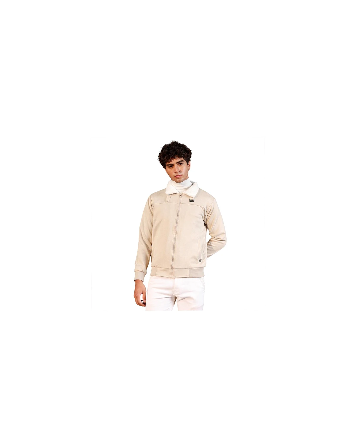 Men's Saltbox Beige Contrast Sherpa-Lined Suede Bomber Jacket