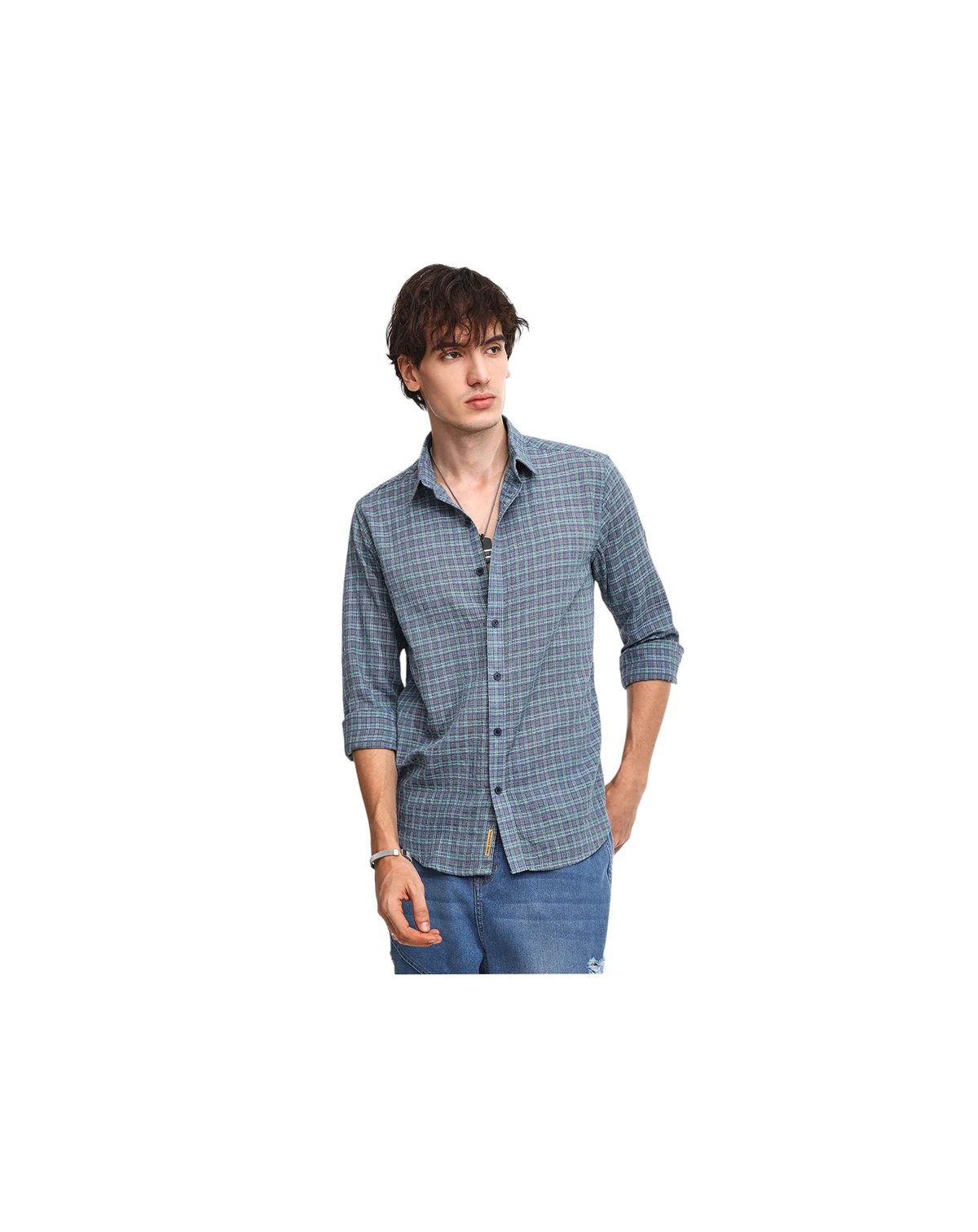 Men's Icy Blue Micro-Tartan Plaid Shirt