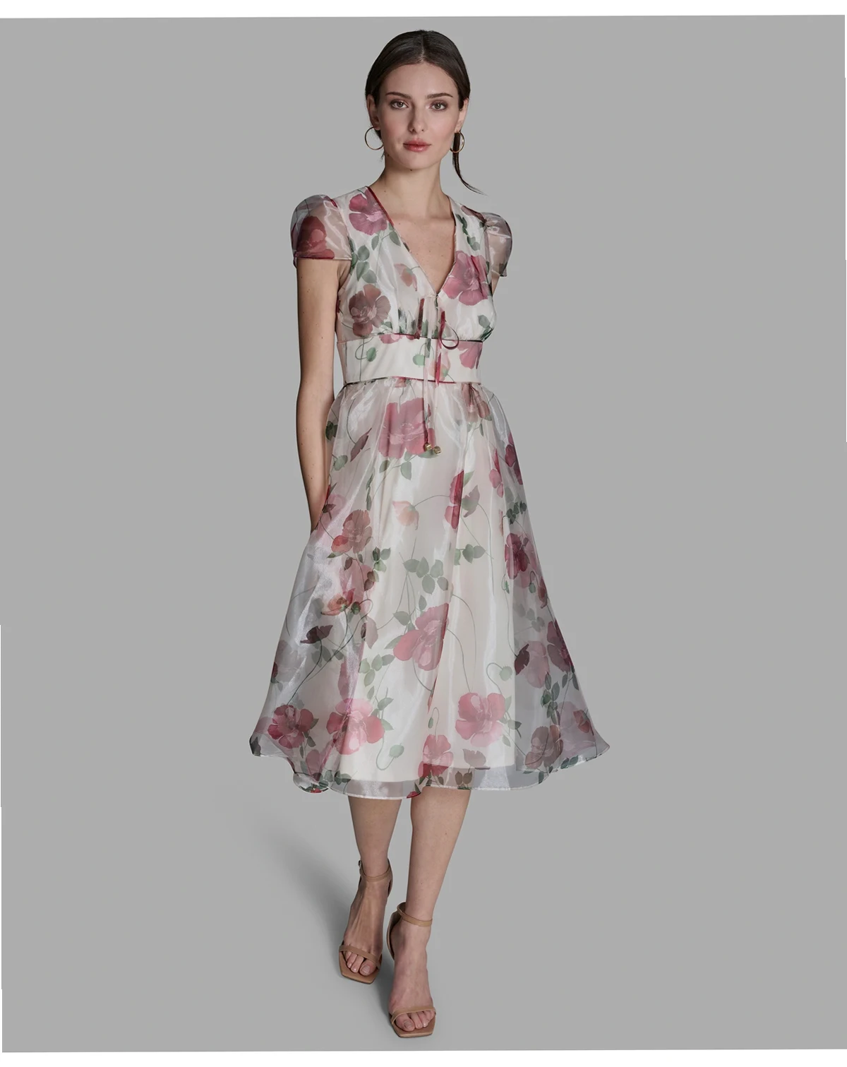 Women's V-Neck Organza Floral Fit-and-Flare Midi Dress
