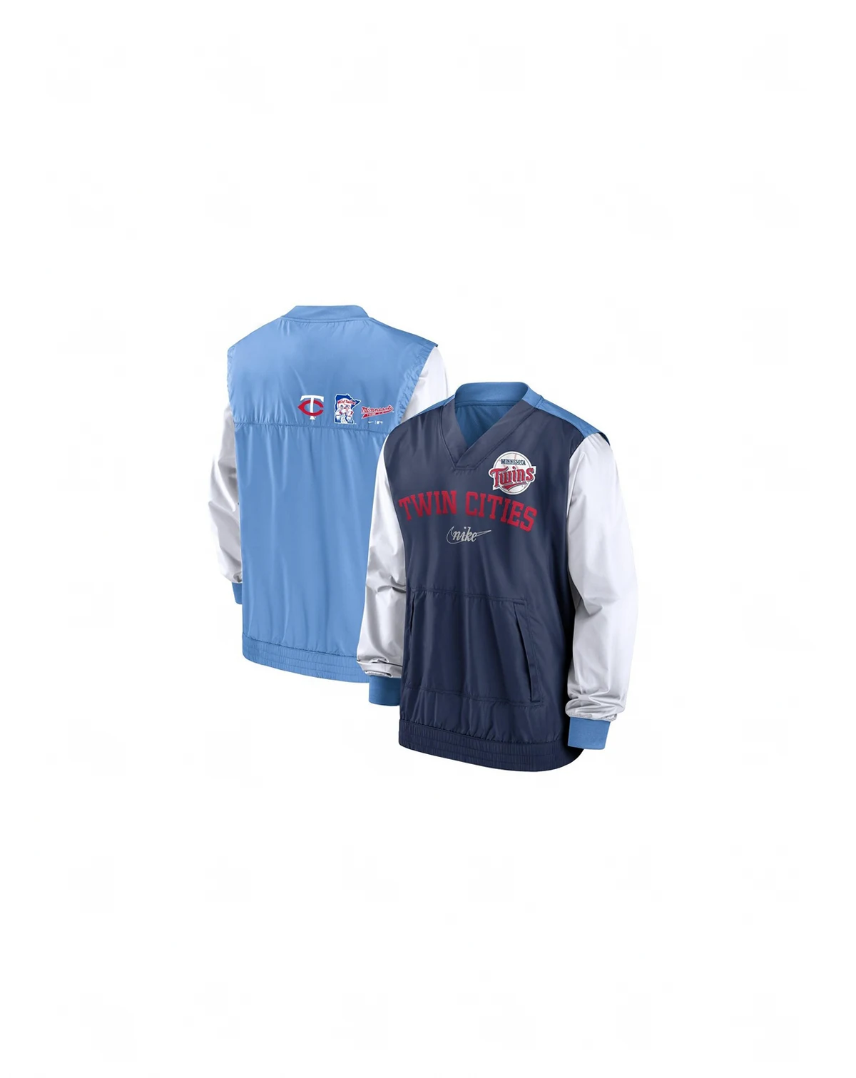 Men's White, Light Blue Minnesota Twins Rewind Warmup V-Neck Pullover Jacket