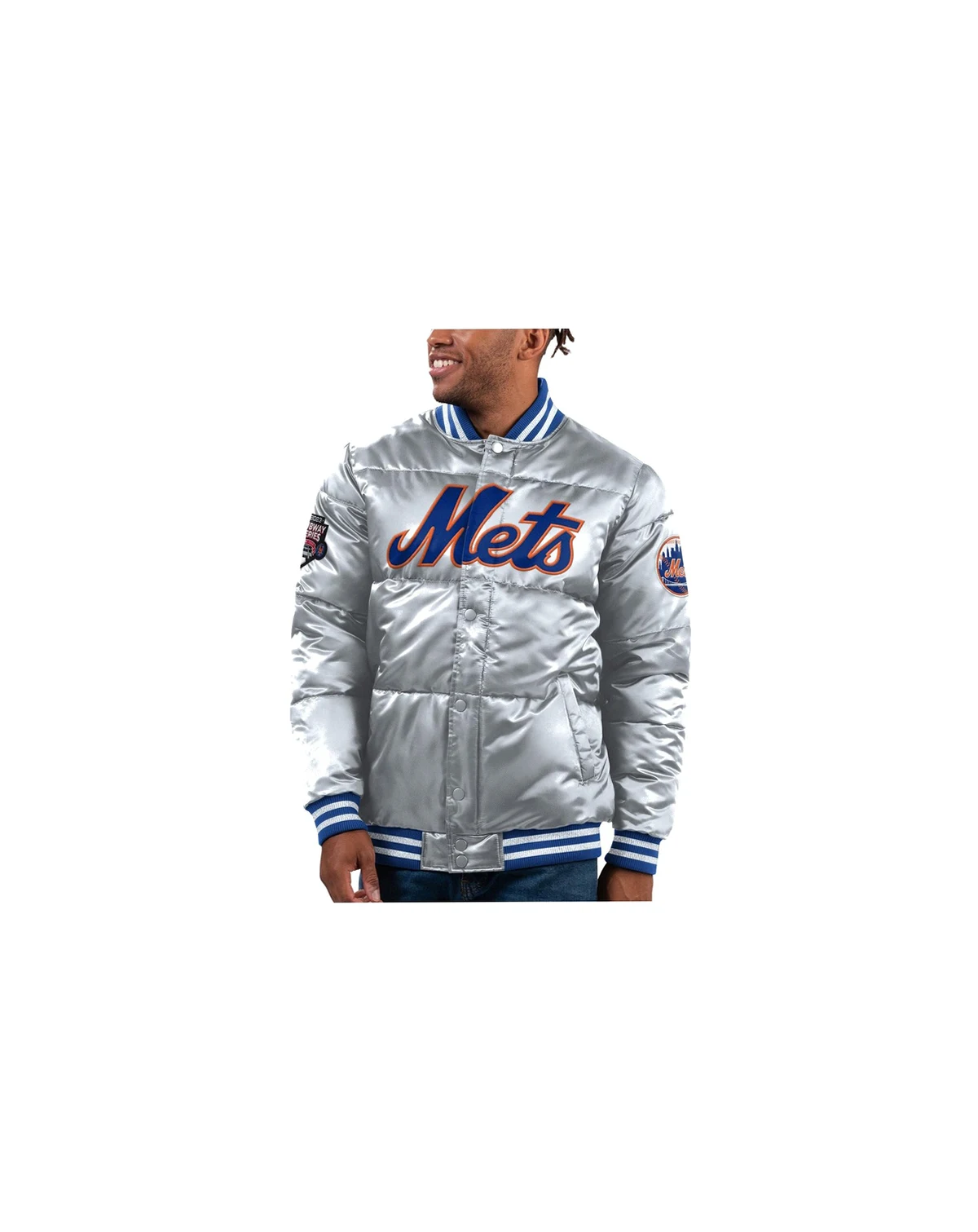 Men's Silver New York Mets Bronx Satin Full-Snap Varsity Bomber Jacket