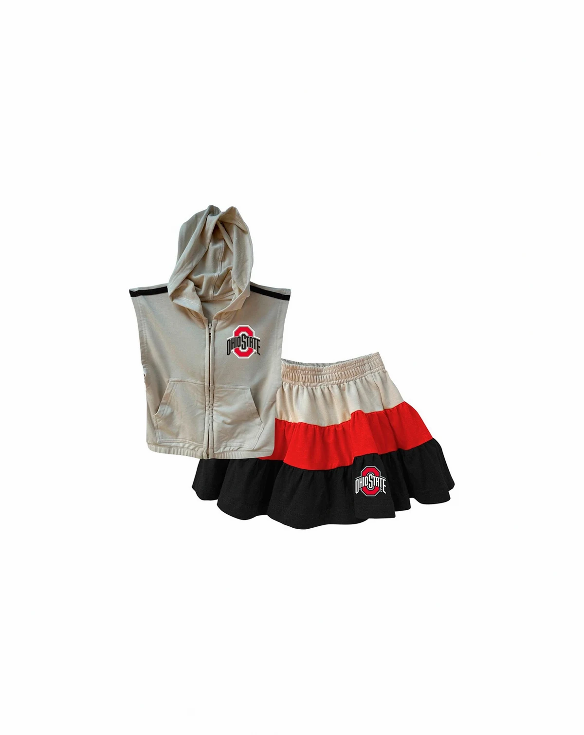 Girls Toddler Tan Ohio State Buckeyes Tri-Blend Sleeveless Full-Zip Hoodie Tiered Skirt Set