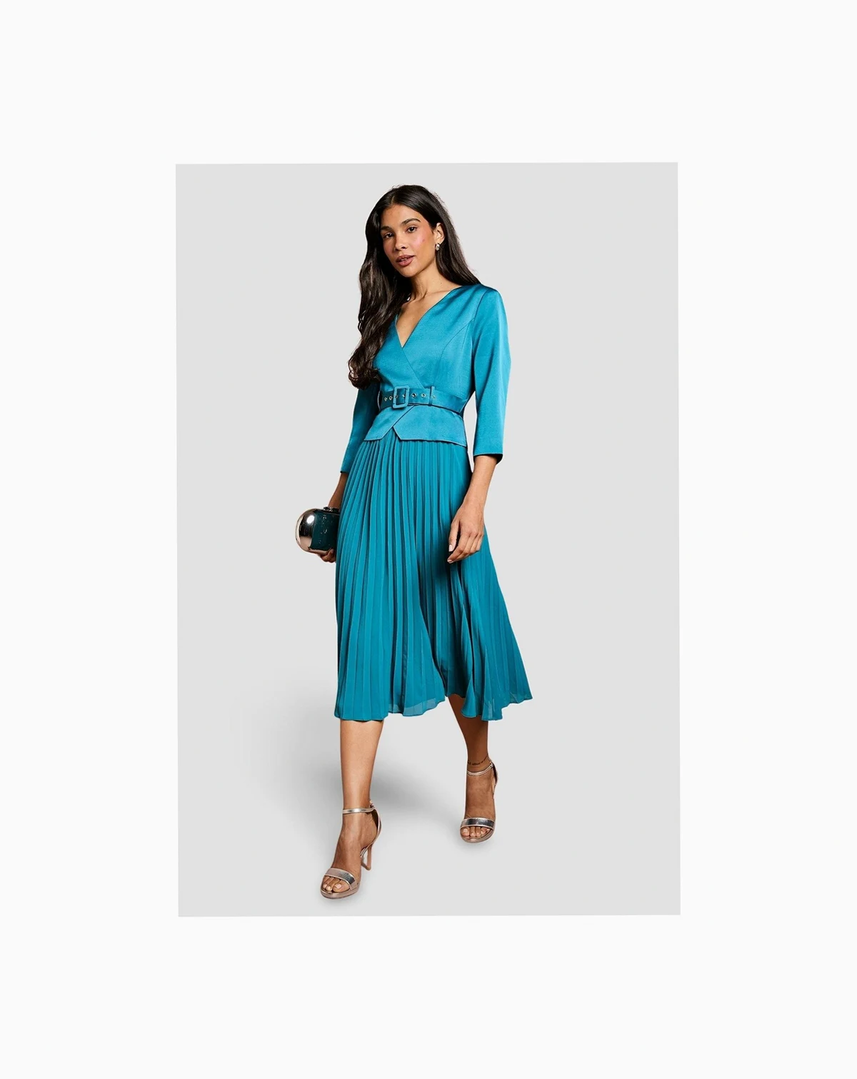 Women's Satin Bodice Pleat Skirt Midi Dress.