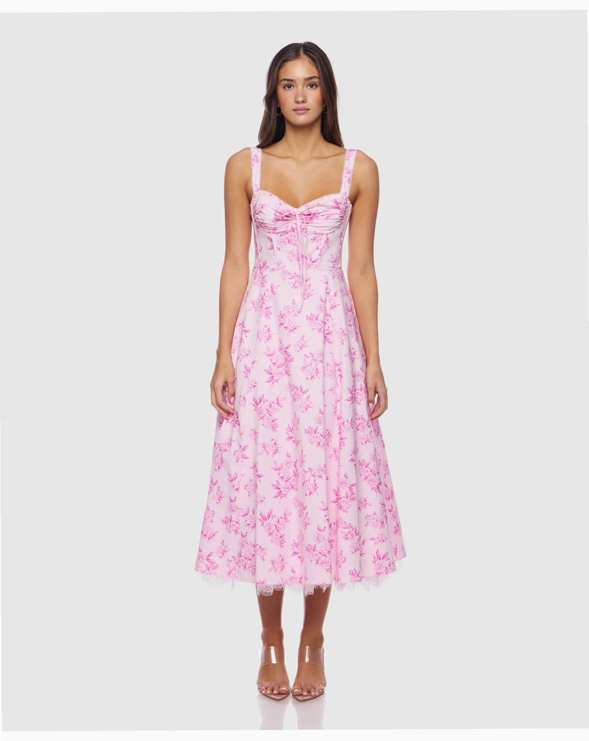 Juniors Sweetheart Floral Print Midi Dress with Corset Bodice and Tie Front Detail